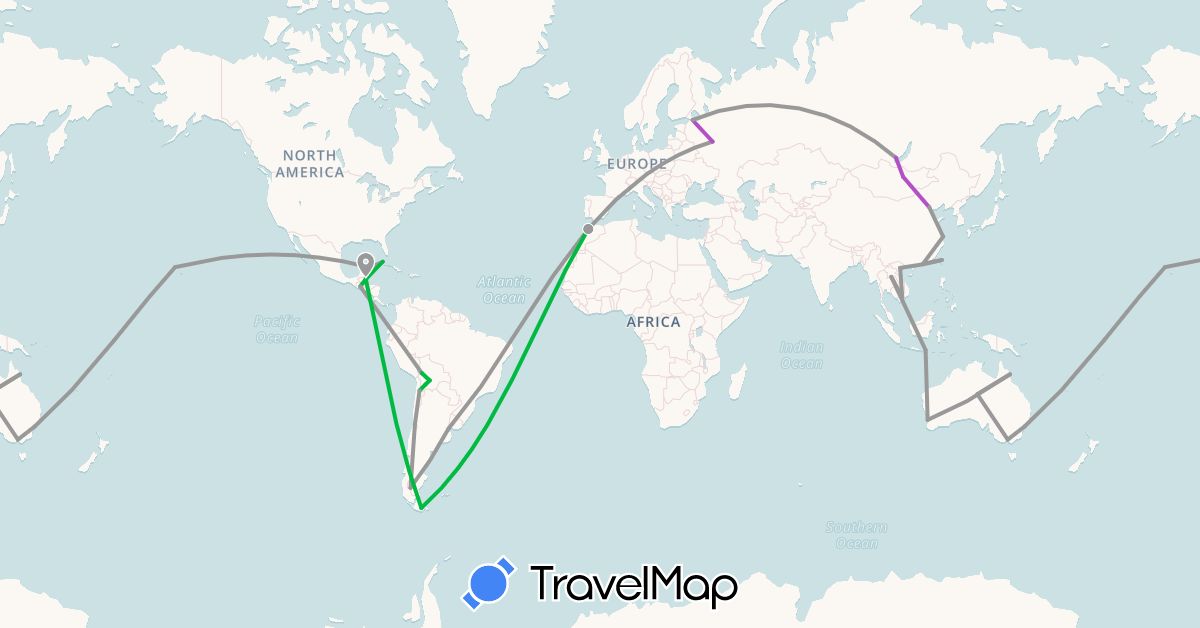 TravelMap itinerary: driving, bus, plane, train in Argentina, Australia, Bolivia, Belize, Chile, China, Guernsey, Guatemala, Hong Kong, Indonesia, Laos, Morocco, Mongolia, Mexico, Russia, Taiwan, United States, Vietnam (Africa, Asia, Europe, North America, Oceania, South America)